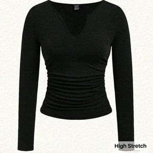 Shein Black Knitted V-Neck Long Sleeve T-Shirt